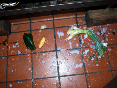 Vegetables on the tile floor in the kitchen, Thailand.の写真素材