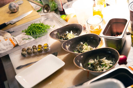 preparation of salad in the kitchen, closeup of photoの写真素材