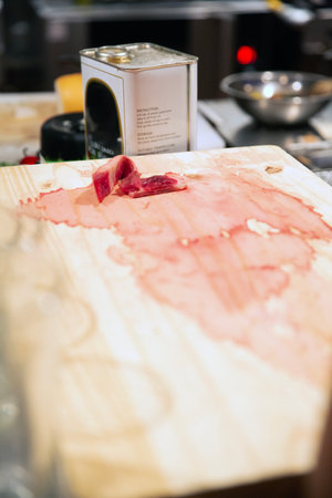 Cutting meat on a cutting board. Selective focus. Food.の写真素材