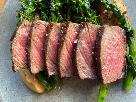 Grilled wagyu beef steak with asparagus and mushroomsの写真素材