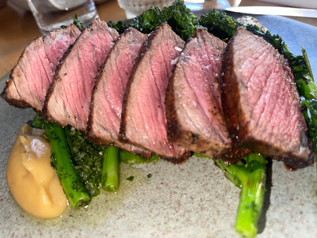 Grilled beef steak with asparagus and hollandaise sauceの写真素材