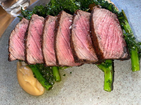 beef filet mignon with asparagus and mustardの写真素材