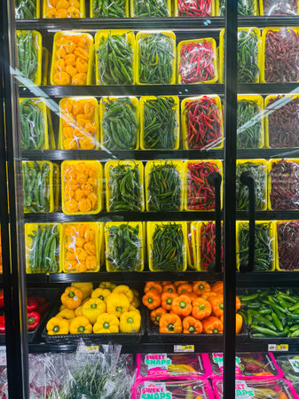 vegetables in plastic box on shelf in supermarket, vertical photoの写真素材