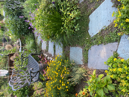 Garden bench in front of a stone wall with flowerbedsの写真素材