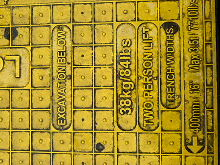 Close-up of a yellow floor tile with the words 'EXCAVATION BELOW', '38kg/84lbs', 'TWO PERSON LIFT', 'TRENCH WIDTHS', and 'Max 3 ft 3 in / 100 cm / 16 in'.の写真素材