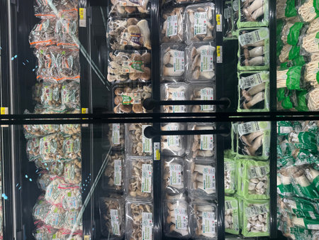 Assortment of dried mushrooms in a supermarket.の写真素材