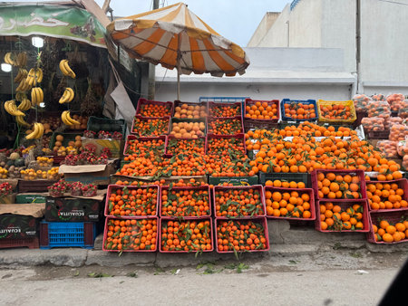 Tangerines and other fruits on a market in Athens, Greeceの写真素材