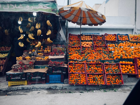 Tangerines and oranges on the street market in Istanbul, Turkeyの写真素材