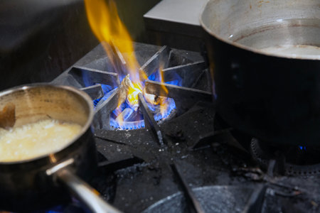 Burning gas burner in the kitchen of a restaurant. Selective focus.の写真素材