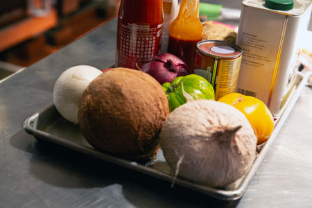 vegetables and fruits on the table in the kitchen of the restaurantの写真素材