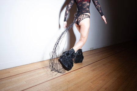 Sexy female legs in black stockings and high heels with whipの写真素材