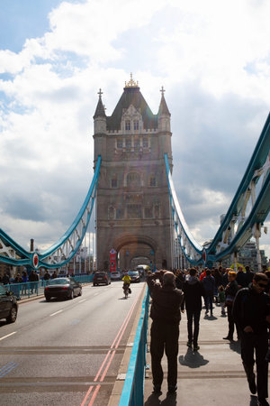 Tourists visit Tower Bridgeの写真素材