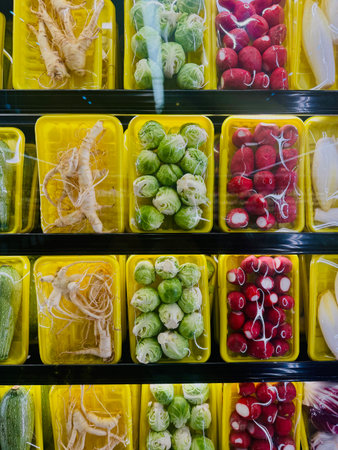Variety of fresh vegetables in plastic boxes on shelves in supermarket.の写真素材