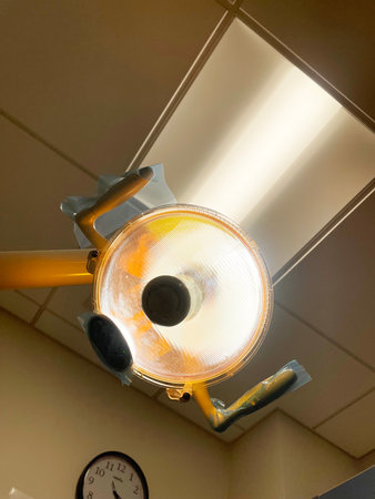 surgical lamps in operation room, closeup of photo with soft focusの写真素材