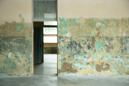 abstract background of an old abandoned building with green and yellow wallsの写真素材