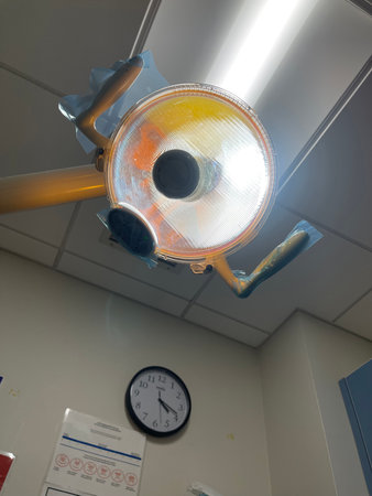 surgical lamp in operation room, closeup photo with selective focusの写真素材