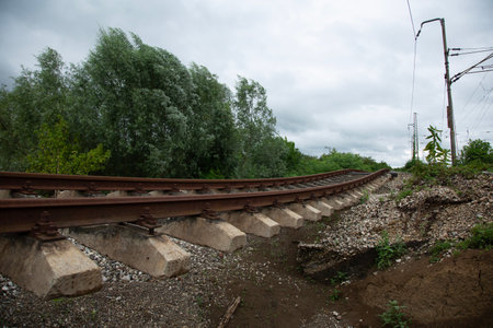 Railway track in the middle of the forest and cloudy sky.の写真素材