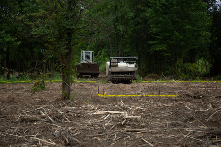 Abandoned tractor in the middle of the forest. Concept of environmental pollutionの写真素材