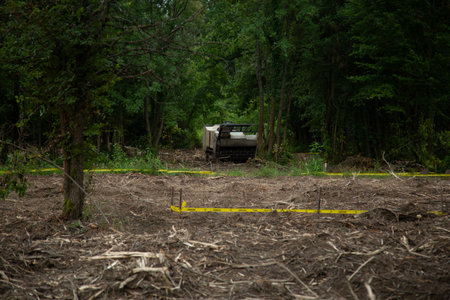 Truck in the forest. Tractor tracks in the forest.の写真素材