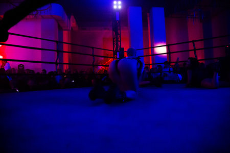 Mixed martial arts fighters fighting in ring at night. Motion blur.の写真素材