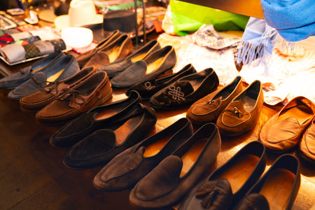 Sale of leather shoes in a shop in Bangkok, Thailand.の写真素材