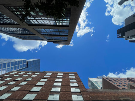 Low angle view of modern skyscrapers in downtown Toronto, Canadaの写真素材