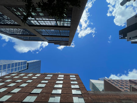 Looking up at skyscrapers in downtown Los Angeles, California.の写真素材
