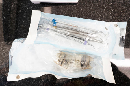 Medical instruments in plastic bag on table in hospital, closeup.の写真素材