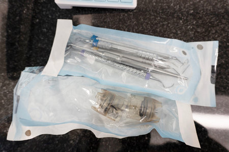 Dental tools on a table in a dental office.の写真素材