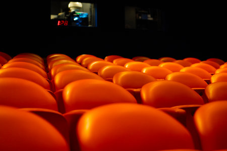 Empty cinema auditorium with rows of orange seats. Abstract background.の写真素材
