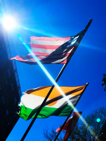 Flags of the United States and the Republic of India against the blue skyの写真素材