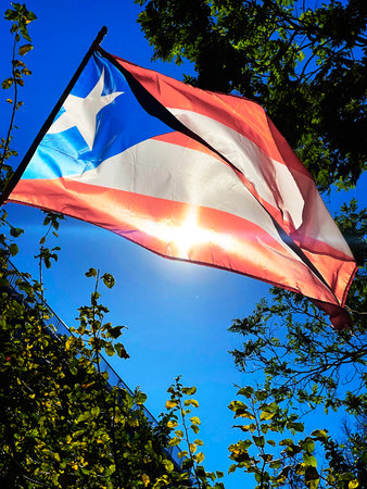 Flag of Puerto Rico waving in the wind against the blue sky.