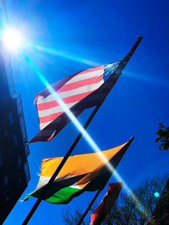 Flags of the United States and the Republic of India against the blue skyの写真素材