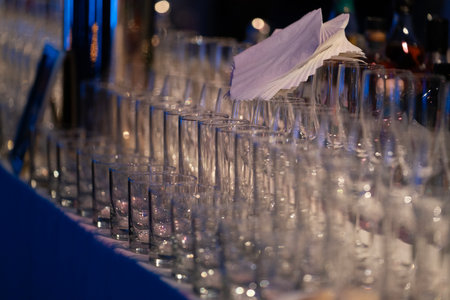 wedding glasses on the table in a restaurant, close upの写真素材
