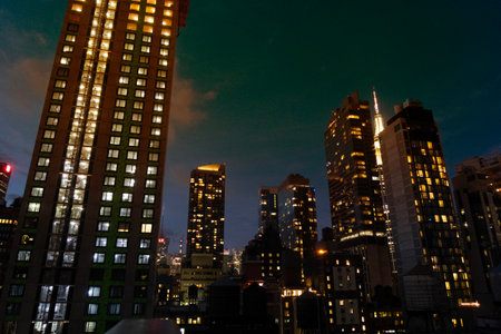 Cityscape of New York City at night with urban skyscrapersの写真素材