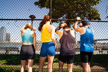 fitness, sport, training, gym and lifestyle concept - group of people exercising outdoors