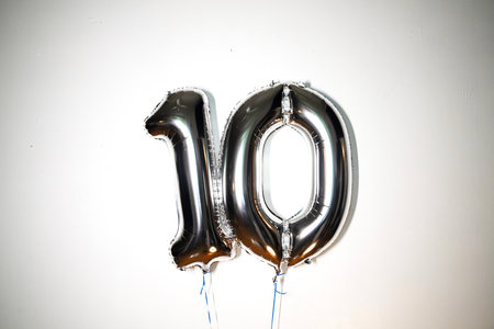 Number 10 silver foil balloon birthday celebration decoration isolated on white background.の写真素材