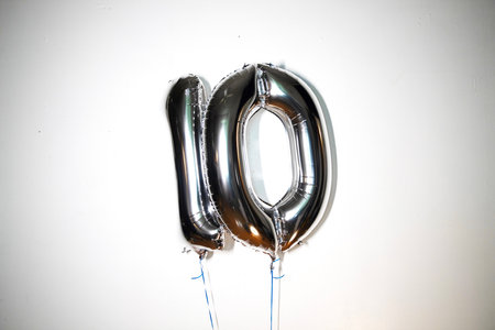 Number 10 silver balloon. Birthday or anniversary decoration. Helium balloonの写真素材