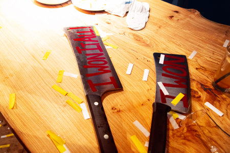 Close-up shot of a table in a restaurant after a partyの写真素材