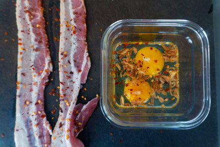 Fried eggs with bacon in a plastic box on a black backgroundの写真素材