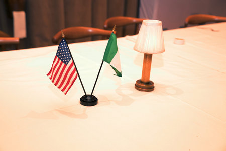 American flag and lamp on table in meeting room at conference room.