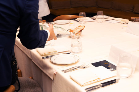 Elegant table setting for wedding or another catered event dinner.