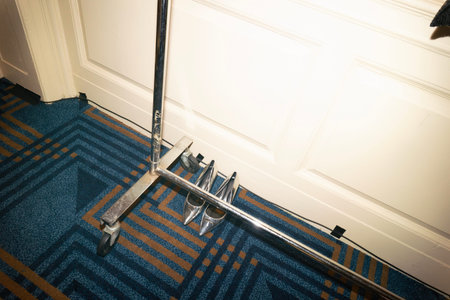 Interior of a hotel room with a clothing rack and a carpet.