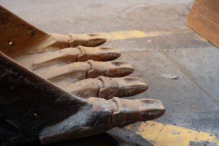 Close up of excavator legs on construction site. Industrial background.