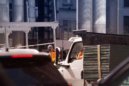 Workers on the streets of the city are working on the construction siteの写真素材
