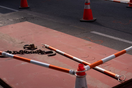 Traffic barrier on the road, close-up of safety equipment