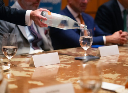 People gather for a business meeting or conference.