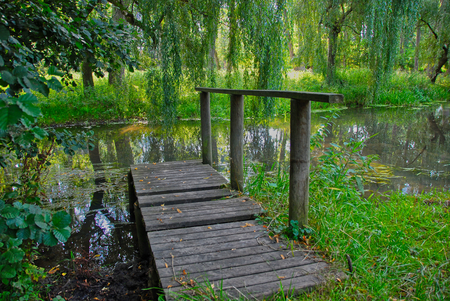 dilapidated bridge in green wildernessの写真素材