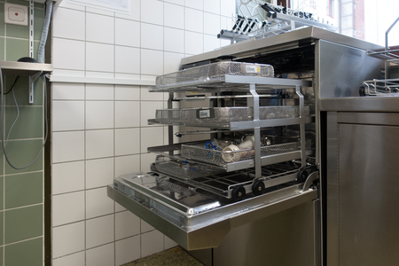 used surgical instruments are in a washing machineの写真素材