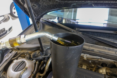 Engine oil is filled into a car engineの写真素材